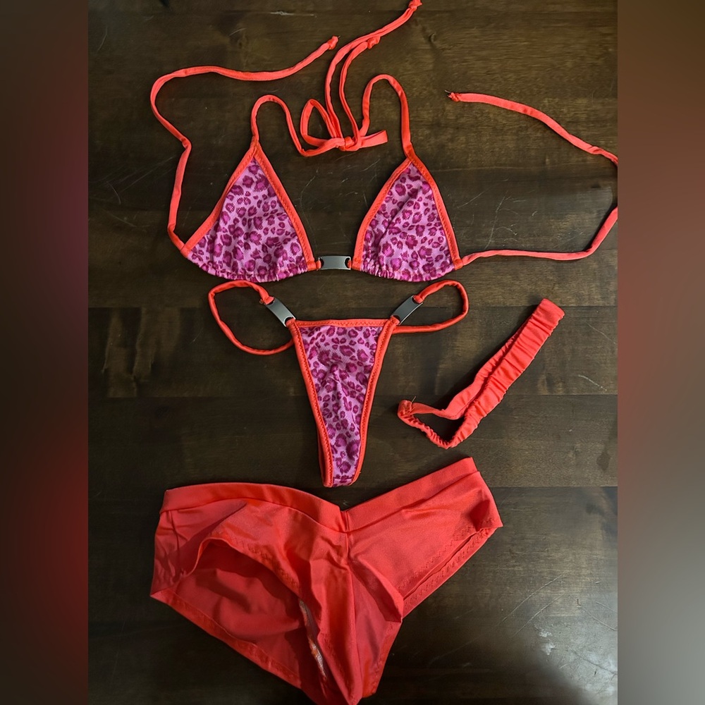 NWOT Sexy Handmade Animal Leopard Print Tri-Top & Thong Bikini w/ Booty Shorts